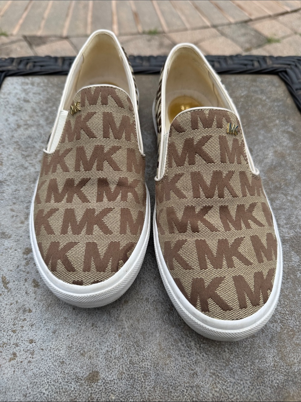 Michael Kors Brown and Tan MK Monogram Slip-On Sneakers Only Worn Once